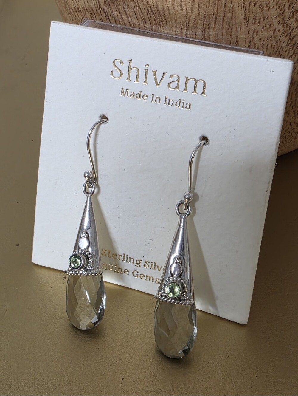 Shivam Sterling Silver Teardrop Earrings with Pale Green Gemstones